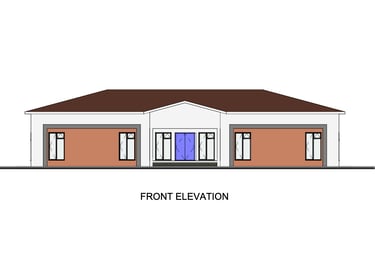 Architectural front elevation drawing of a modern single-story house with a brown hip roof.