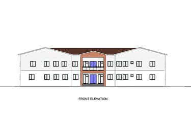 Front elevation architectural drawing of a two-story white building with a brown roof and central entrance.