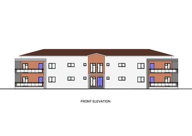 Architectural front elevation drawing of a modern two-story apartment building with balconies.