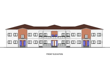 Front elevation architectural drawing of a two-story vocational training complex  with balconies.