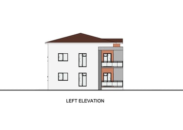 Left elevation architectural drawing of a two-story modern house with balconies and windows.