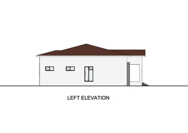 Left elevation architectural drawing of a modern house with a brown hip roof and white walls.