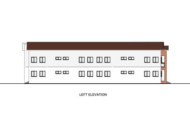 Architectural drawing showing the left elevation of a two-story modern building with white siding and brown roof.