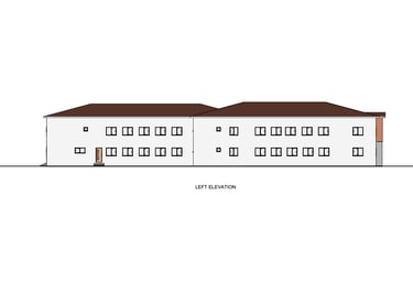 Left elevation architectural drawing of a two-story vocational training complex of a soccer academy