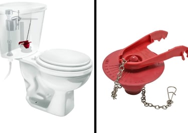 A collage of two pictures showing a toilet flapper and where it sits in the tank.