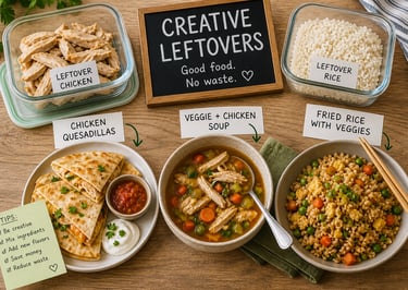 Planned leftover dishes that help save money and reduce food waste.