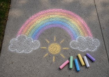 A rainbow drawn on the sidewalk with chalk. 