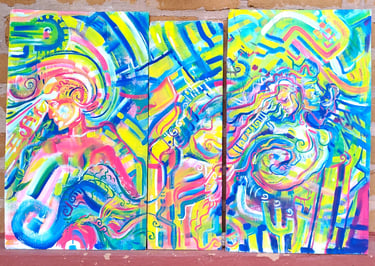 Le triptyque Réalisé lors de Oz Galactic Wizards, dans son ordre original. Mélange de couleurs, d'abstraction  et d'art visio