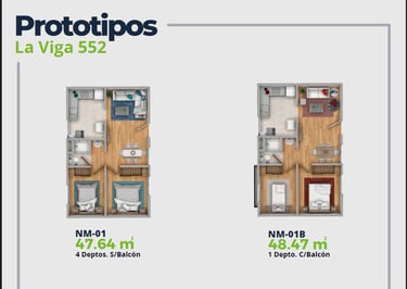 LV52 Características Depto.  Plano con 2 recamaras, sala comedor, baño y cocina. 47 y 48 m2