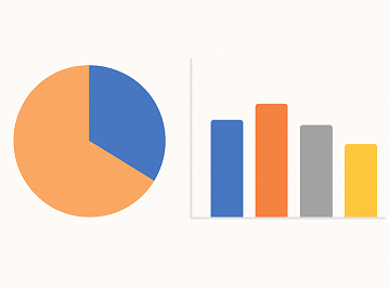 Pie chart and bar chart with segments and bars in varying colors and sizes.