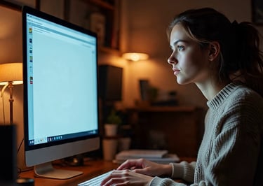 A woman is sitting at a computer table typing