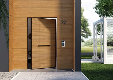 a modern wooden door with a wooden door and a door with a number seventy on