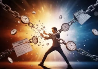 Pessoa quebrando correntes simbolizando a superação de bloqueios mentais e a luta contra a procrastinação, com relógios e cal