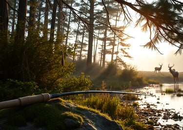 In the foreground, a handmade fishing rod is leaning against a moss-covered rock, while baited hooks