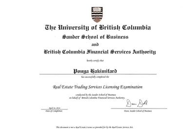 UBC Sauder School of Business certificate of Pouya Hakimifard, Vancouver luxury real estate expert.