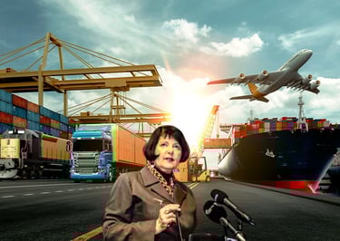 minister of transport , Minister Barbara Creecy ,a woman in a brown jacket and a plane