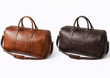 Leather weekender bags with wide opening and carry handles