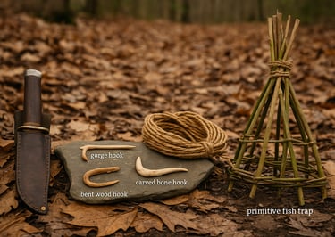 Primitive bushcraft fishing gear with bone hooks cordage stone knife and woven traps displayed on forest leaf ground