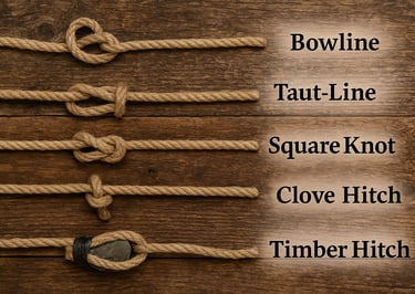 Survival knot tying display showing bowline clove hitch taut line timber hitch and square knot for bushcraft use