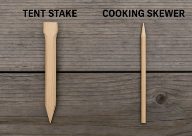 Comparison of handmade wooden tent stake and cooking skewer for survival use