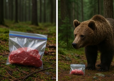 Bear attracted to unattended bag of raw meat highlighting dangers of improper food storage in bear country camping