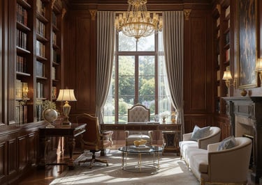 Private library with custom bookshelves, warm lighting, and comfortable seating.