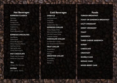 menü tasarım ısparta, menü baskı ısparta, menü ısparta brompton coffee