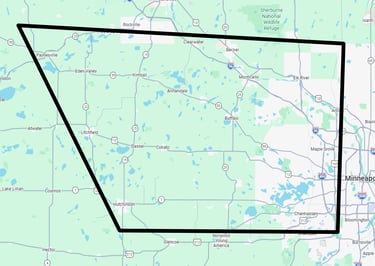 Arcadia Landscapes LLC Service Area Map covering Wright County, Hutchinson, and Waconia MN