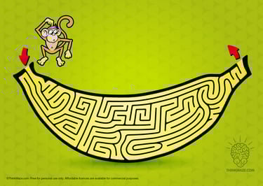 Yellow banana printable maze for kids; monkey theme animal maze available for commercial use.