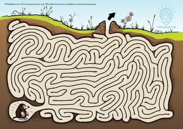 Underground mole maze; free printable maze for kids to practice logic and fine motor skills.