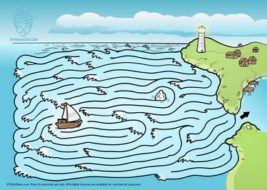 Fisherman ship maze in a stormy sea; free printable maze for kids' logic and ocean-themed learning.