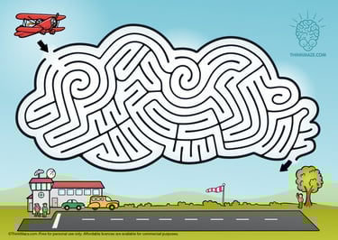 Airplane maze through clouds; free printable for kids with commercial licensing available.