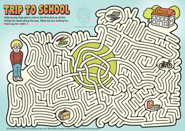 Hard school maze for kids; free printable logic puzzle for advanced learners.
