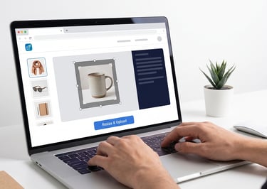 Seller resizing product photos for online marketplace uploads on a clean laptop screen.