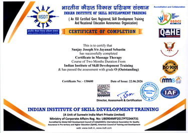Official Certificate of Completion for Massage Therapy from the Indian Institute of Skill Development Training.
