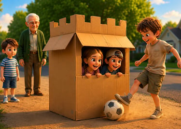 Children playing soccer and hiding in a cardboard box fort outside with their grandfather.