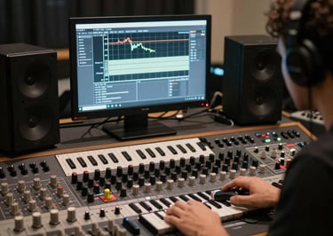 Interior of a cozy music studio with colorful Gaudí-inspired mosaic patterns on the walls.
