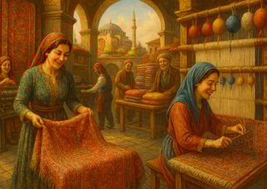 A realistic painting of a lively carpet weaving workshop in historic Middle Eastern City Istanbul