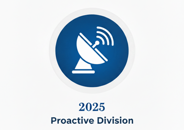 White satellite dish icon on a blue circle for the 2025 Proactive Division communication logo.
