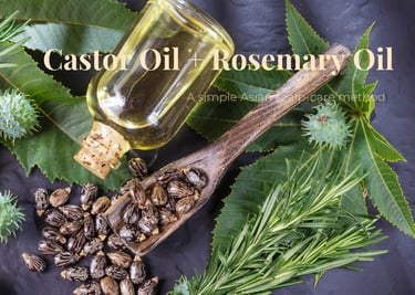 Castor oil and rosemary oil ingredients arranged for a scalp care hair growth routine.