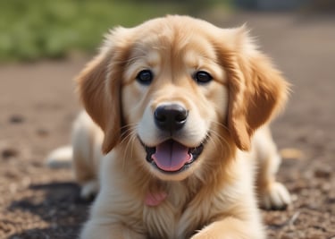 A playful golden retriever puppy sitting on grass with a bright expression.