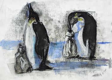 Pingüinos, pastel del artista pintor Argi Girón. Penguins pastel artist painter art