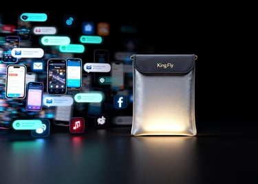 A conceptual image showing how the King Fly "Sanctuary" pouch blocks out digital noise.