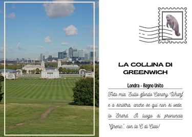 Cartolina con la verde collina di Greenwich e sullo sfondo Canary Wharf