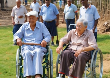 a man in a wheelchair with a cane cane and a woman in a wheelchair
