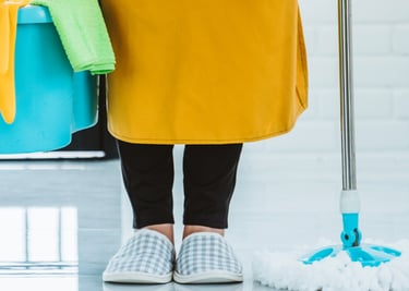 a woman in a yellow dress holding a mop and cleaning supplies