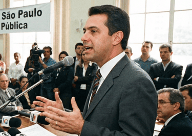 Imagem de um político e gestor público, de em torno de 40 anos, dando um discurso