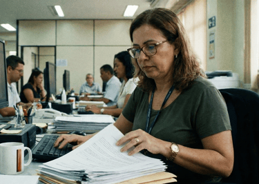Imagem de uma servidora pública de cerca de 50 anos mexendo em papéis em sua mesa