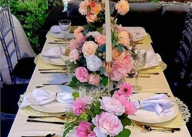 Backyard table setting for 20 guests, centerpieces , candles, tableware