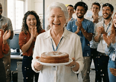 Imagem de uma servidora pública de em torno de 60 anos na festa de sua aposentadoria